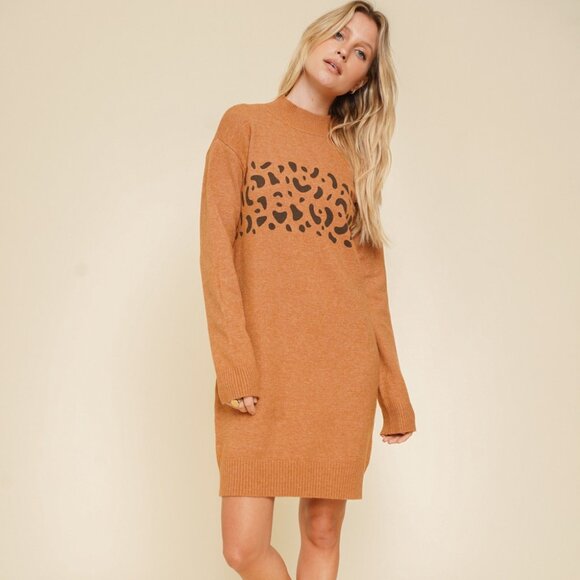 HEM & THREAD Rust Leopard Print Sweater Dress Cozy Knit Long Sleeve Fall Winter - Picture 6 of 6